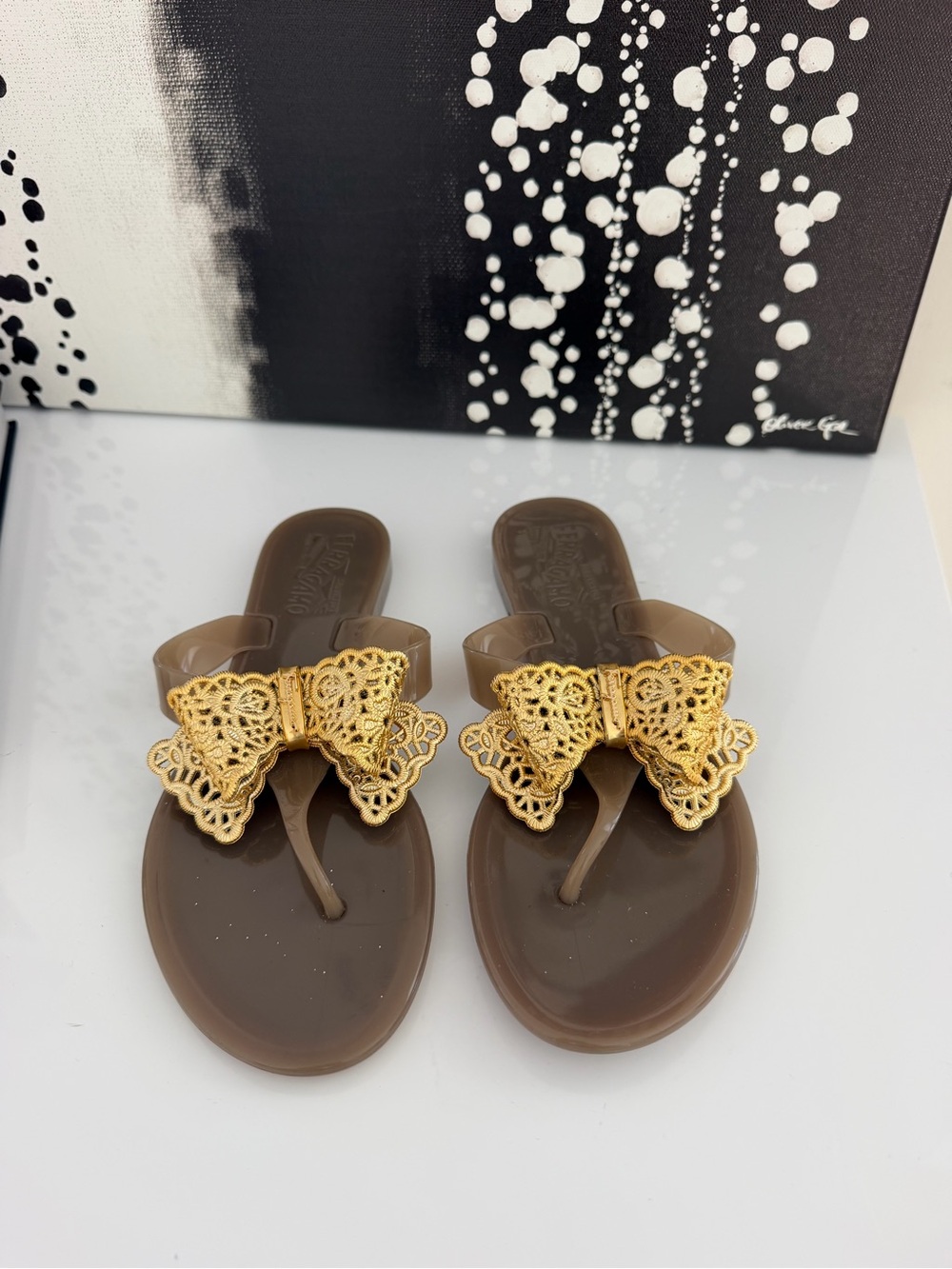 Salvatore Ferragamo Brown Sandal Thongs with Gold Bow Detail